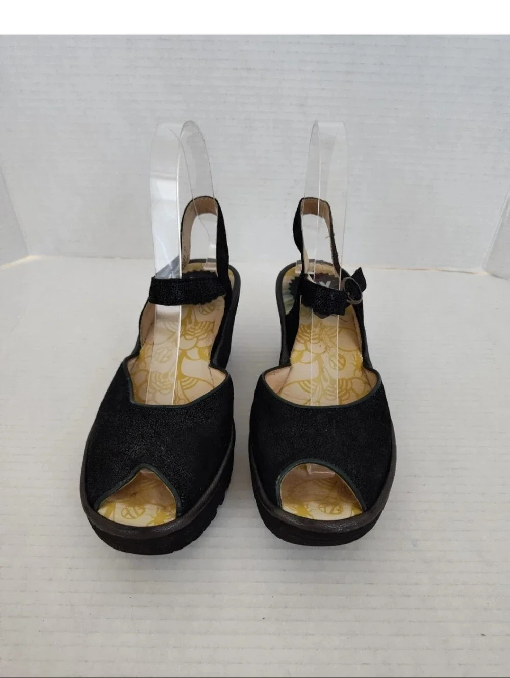 Fly London Yora Sandals Size 37 US 6-6.5 Black Leather Platform Wedge Peep Toe